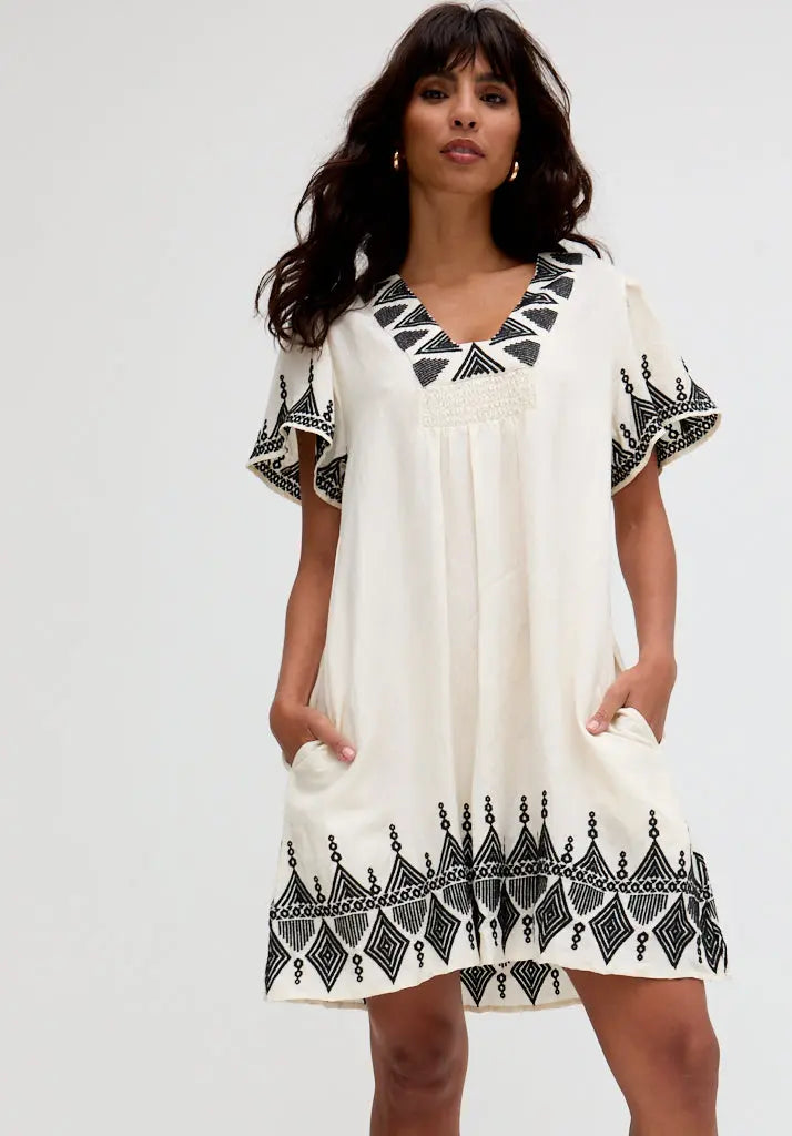Liberty V-Neck Embroidered Mini Dress In Cream Raffya