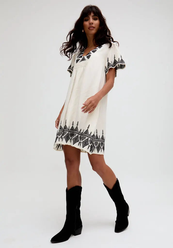 Liberty V-Neck Embroidered Mini Dress In Cream Raffya