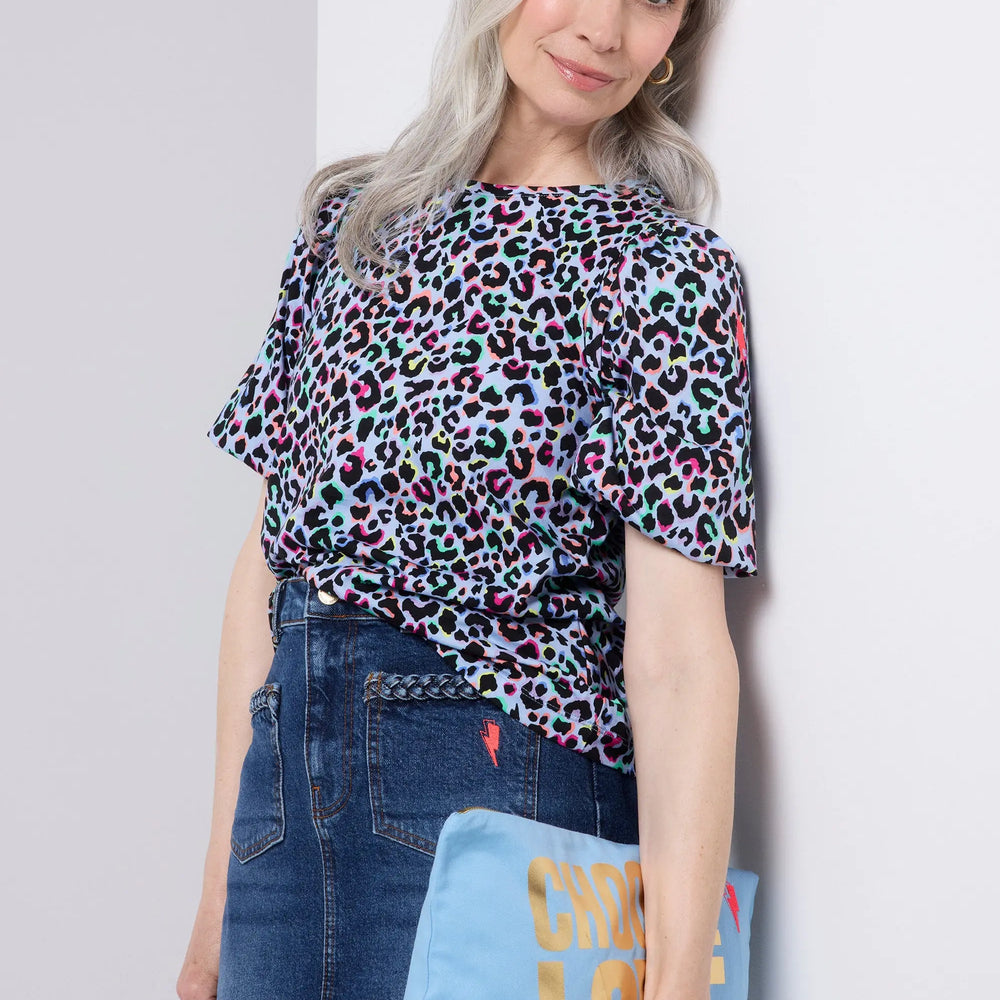 Light Blue with Rainbow Shadow Leopard Puff Sleeve T-Shirt Scamp & Dude