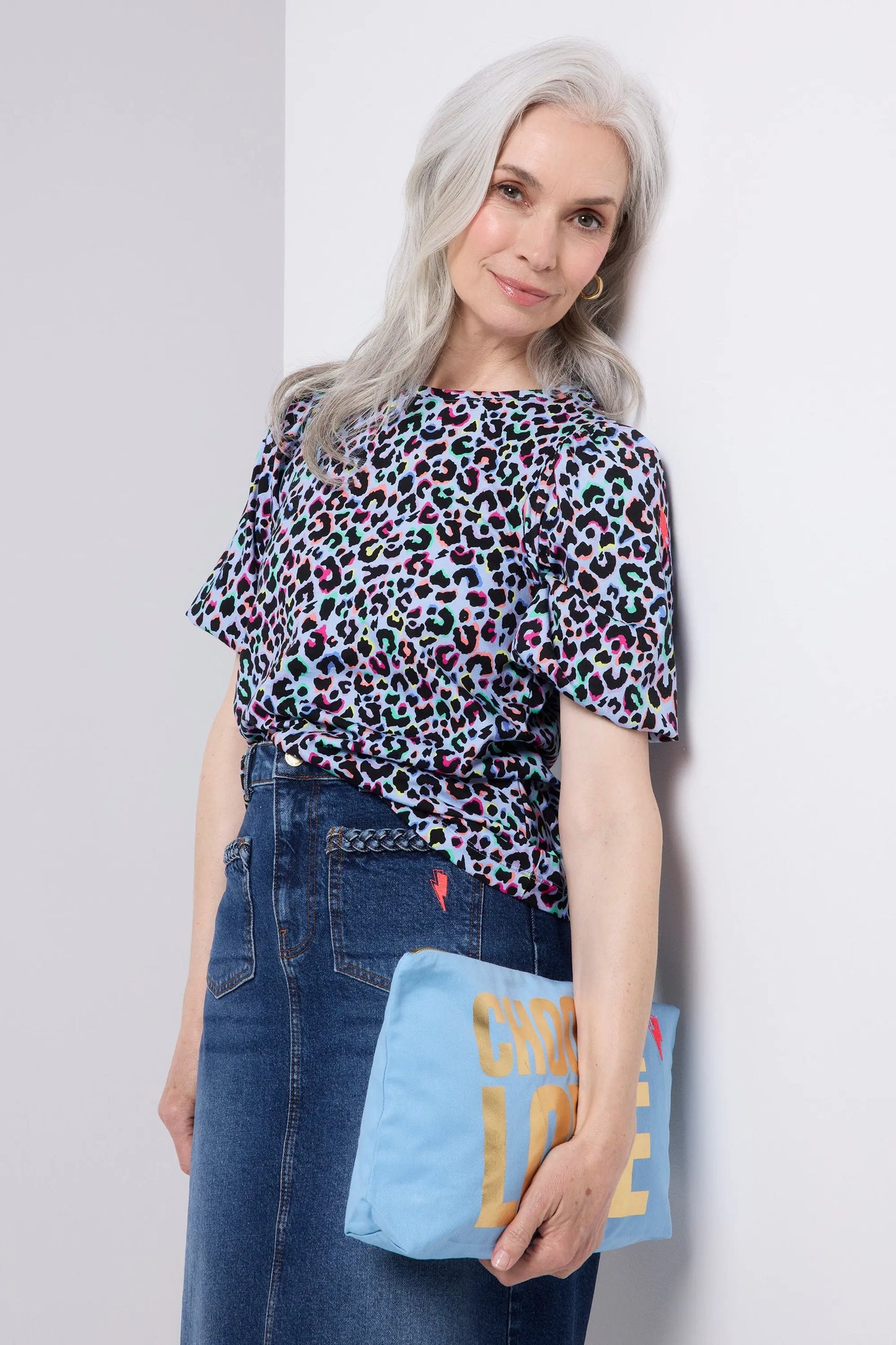 Light Blue with Rainbow Shadow Leopard Puff Sleeve T-Shirt Scamp & Dude