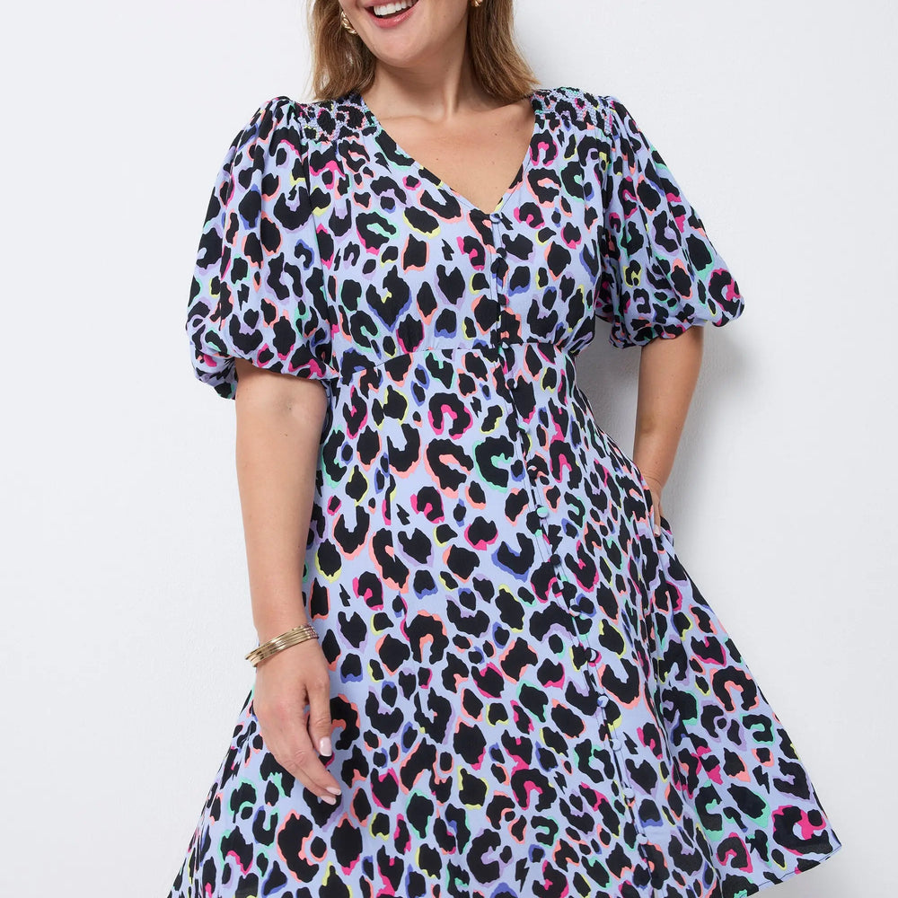 Light Blue with Rainbow Shadow Leopard Short Tea Dress Scamp & Dude