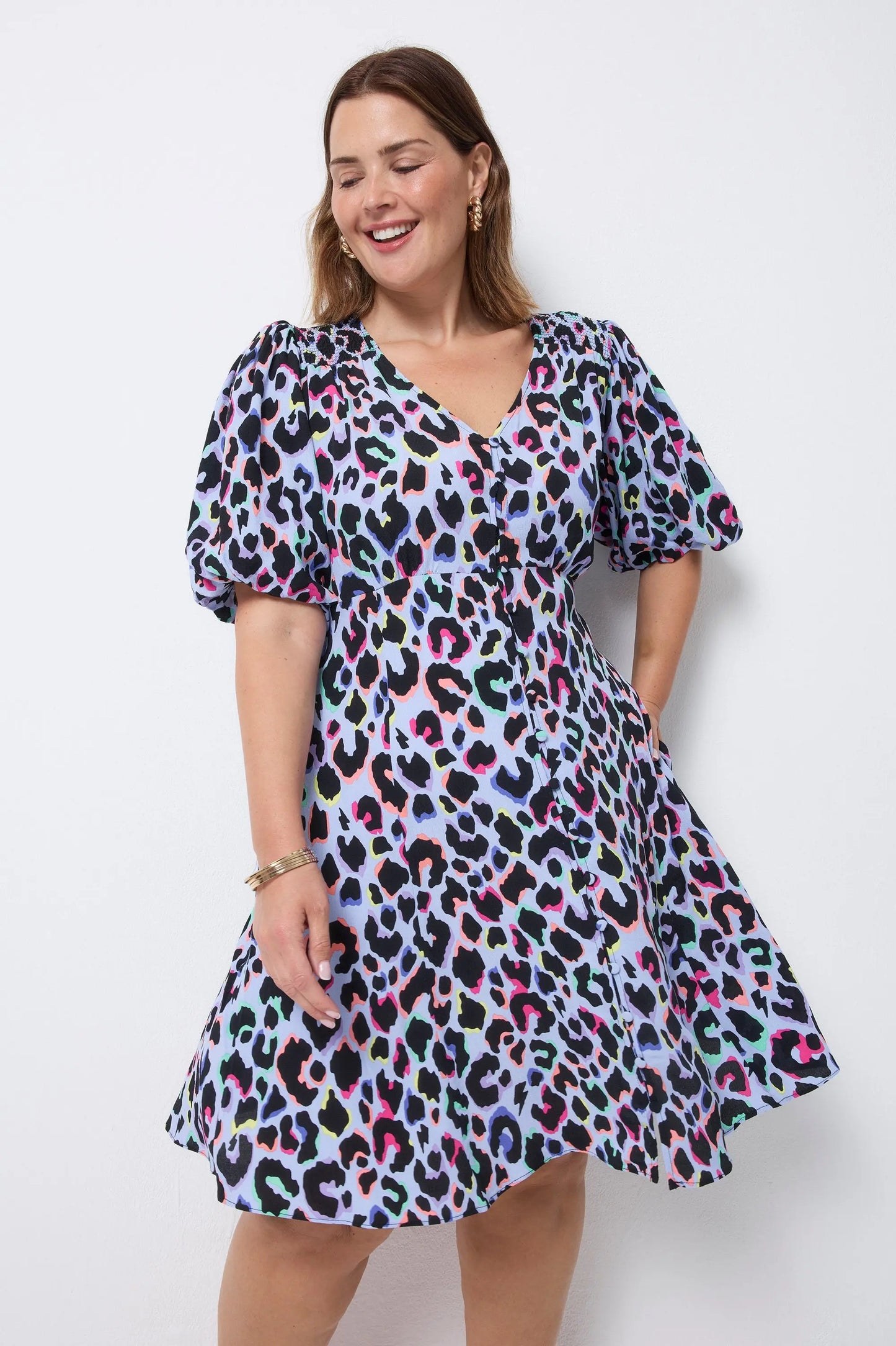 Light Blue with Rainbow Shadow Leopard Short Tea Dress Scamp & Dude