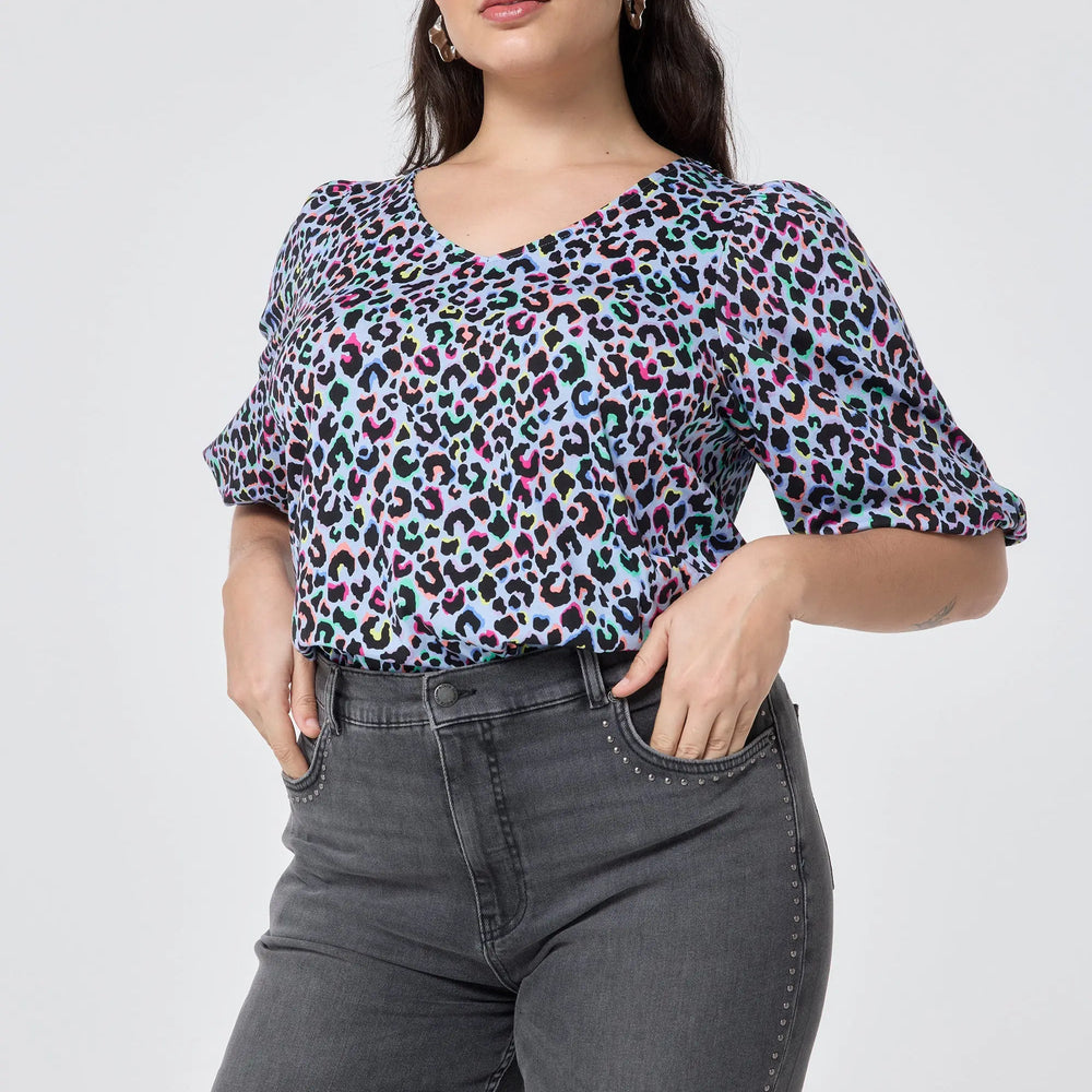 Light Blue with Rainbow Shadow Leopard V-Neck Puff Sleeve T-Shirt Scamp & Dude