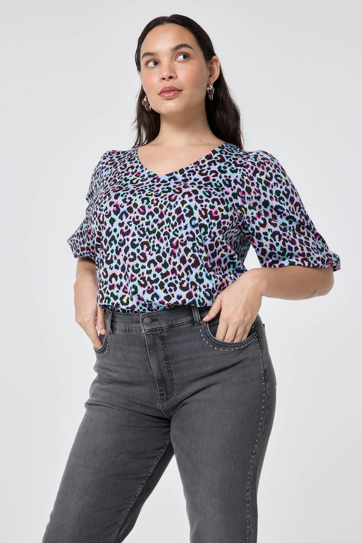 Light Blue with Rainbow Shadow Leopard V-Neck Puff Sleeve T-Shirt Scamp & Dude