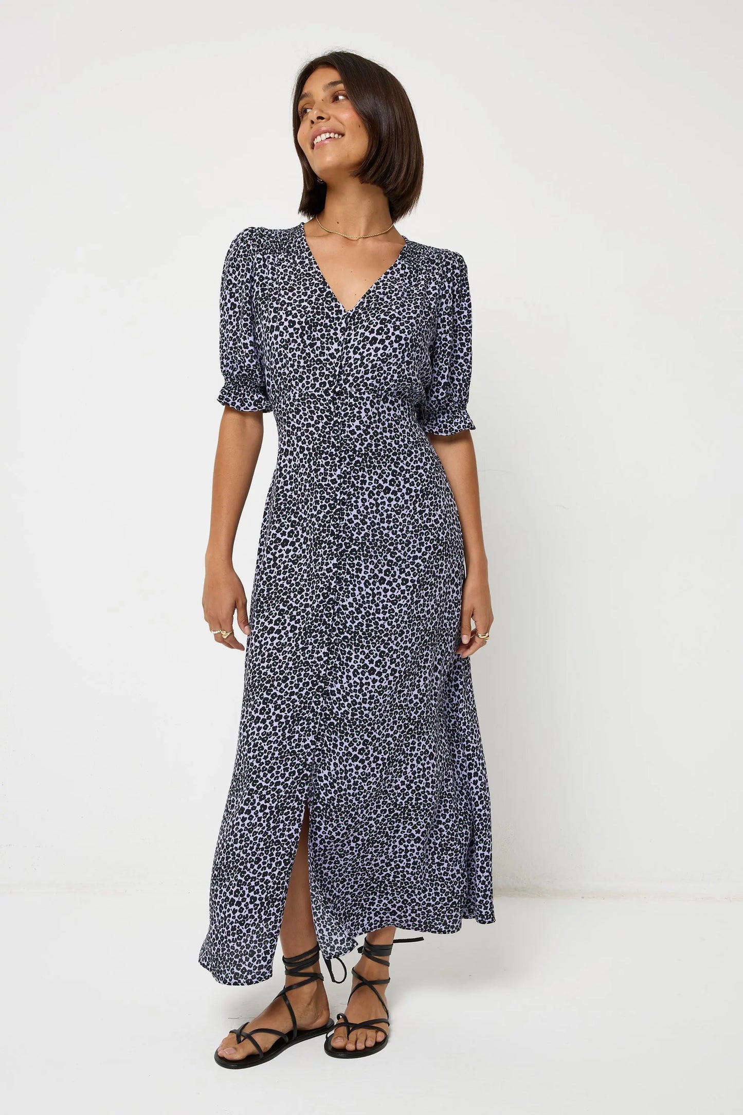 Lilac Mini Leopard Flute Sleeve Midi Tea Dress Scamp & Dude