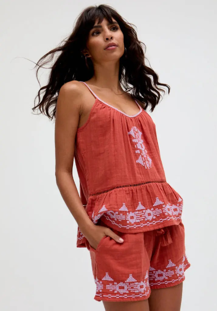 Lilly Spaghetti Strap Embroidered Cami In Brown Raffya
