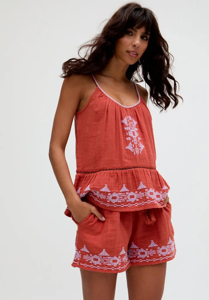 Lilly Spaghetti Strap Embroidered Cami In Brown Raffya