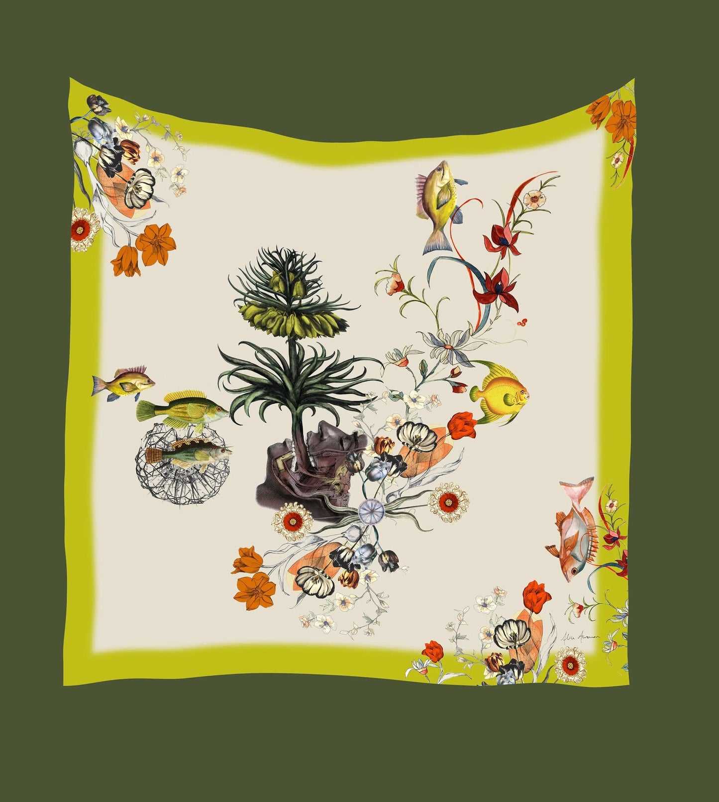 Lime green large square Silk Scarf, 'Tropics Silk' botanical illustration luxury accessory Alice Acreman Silks