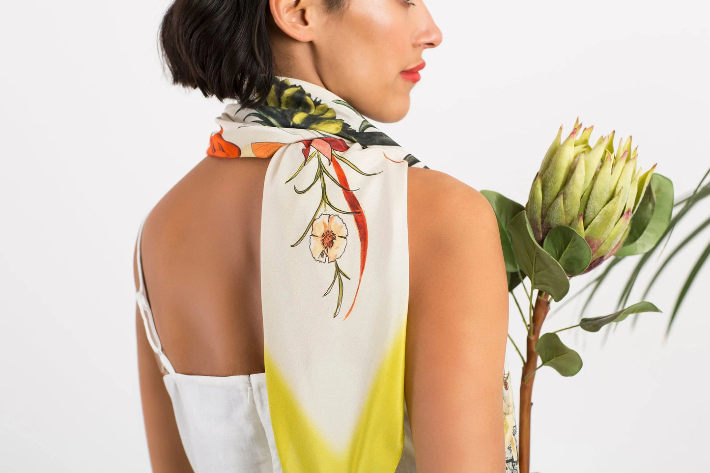 Lime green large square Silk Scarf, 'Tropics Silk' botanical illustration luxury accessory Alice Acreman Silks
