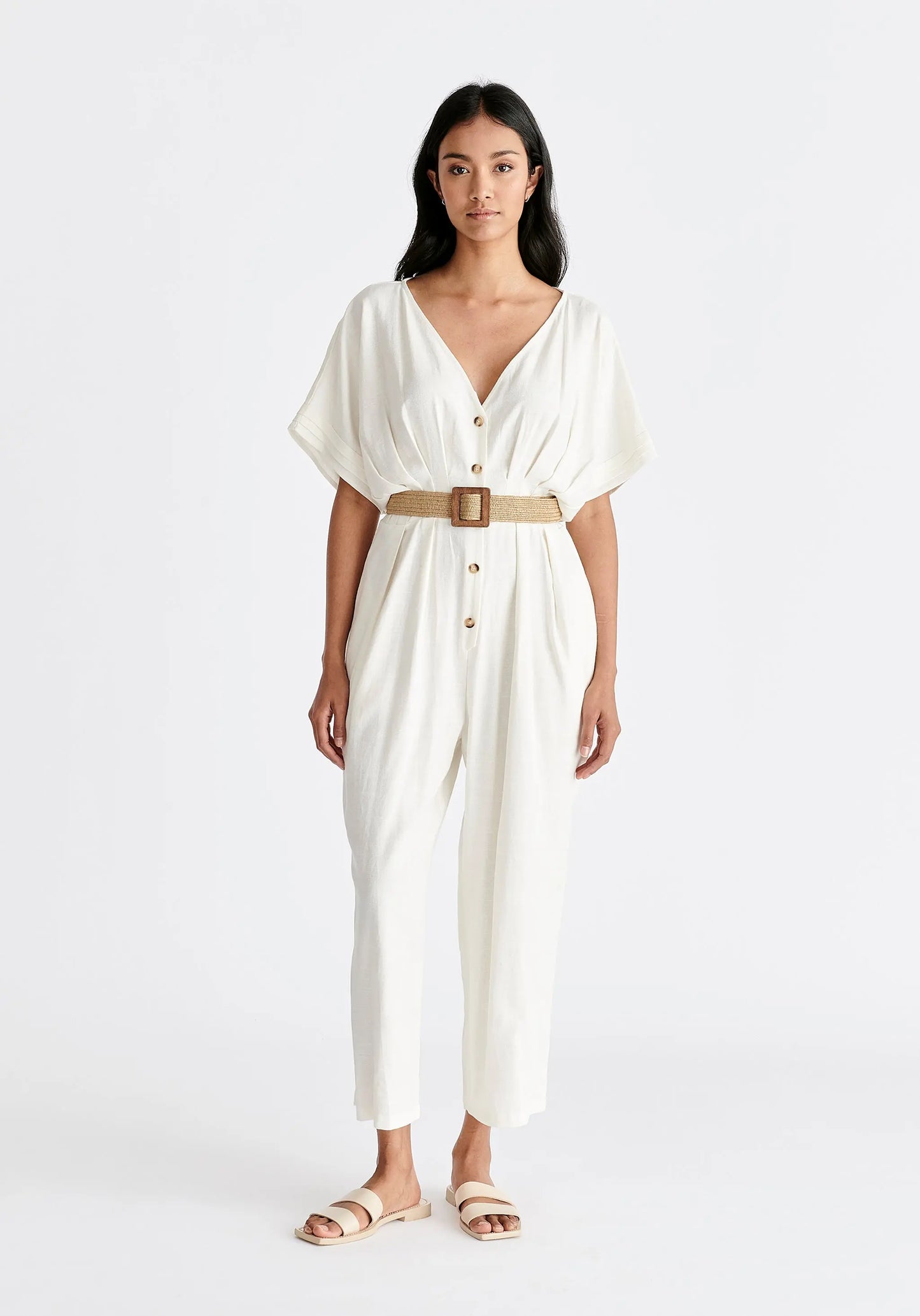 Linen Blend Button Jumpsuit Paisie