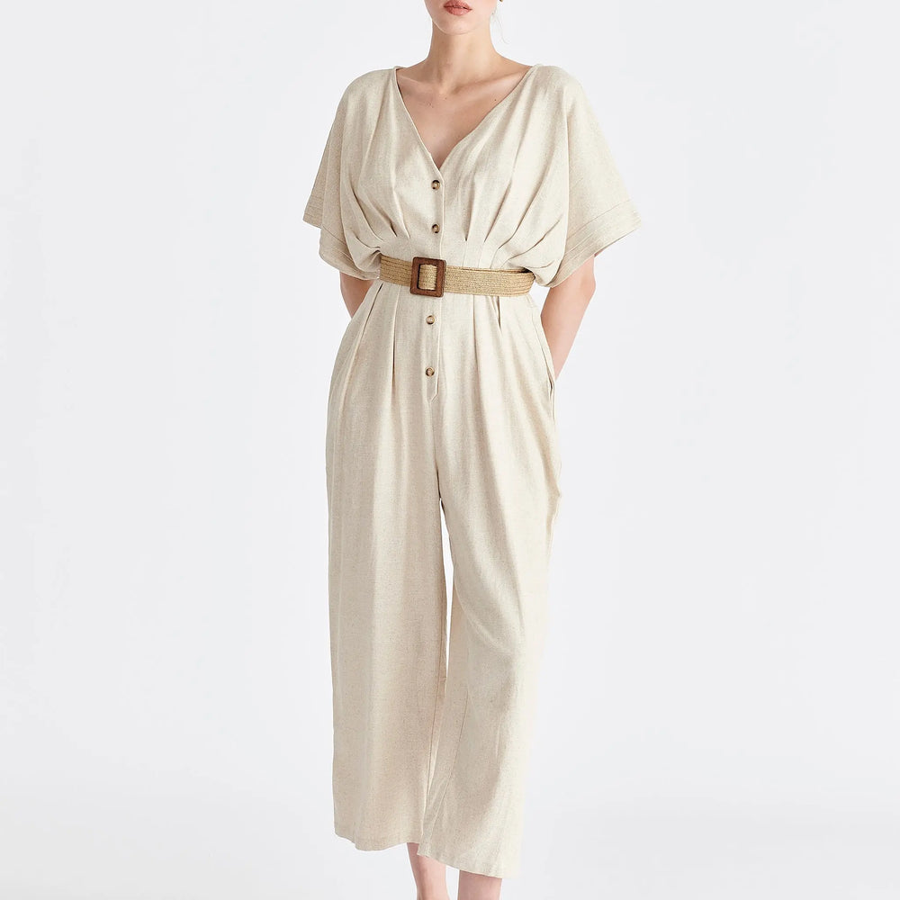 Linen Blend Button Jumpsuit Paisie