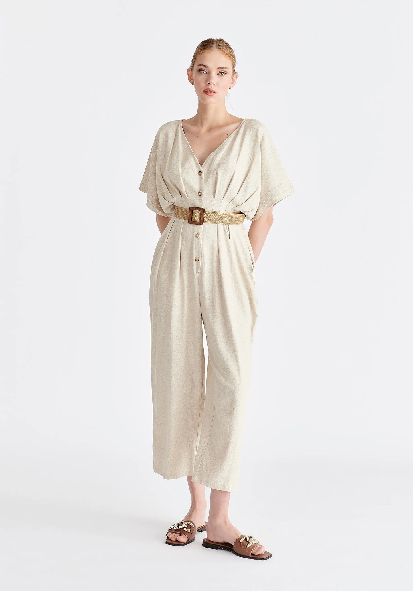 Linen Blend Button Jumpsuit Paisie