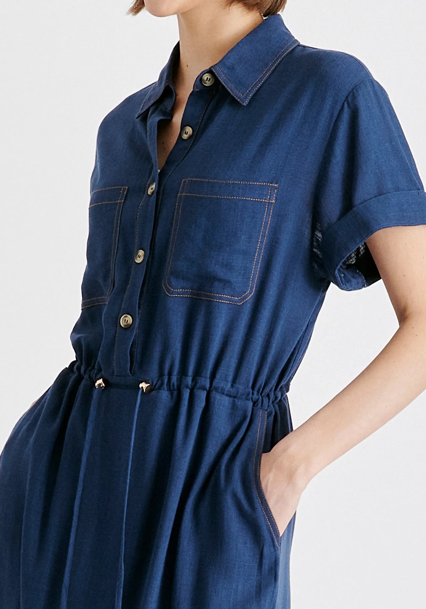 Linen Blend Shirt Dress With Stitch Details Paisie