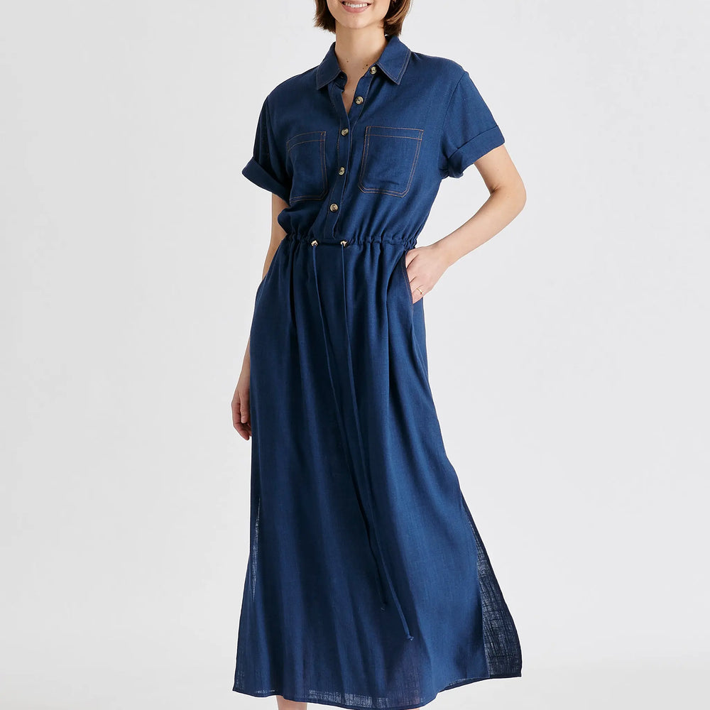 Linen Blend Shirt Dress With Stitch Details Paisie