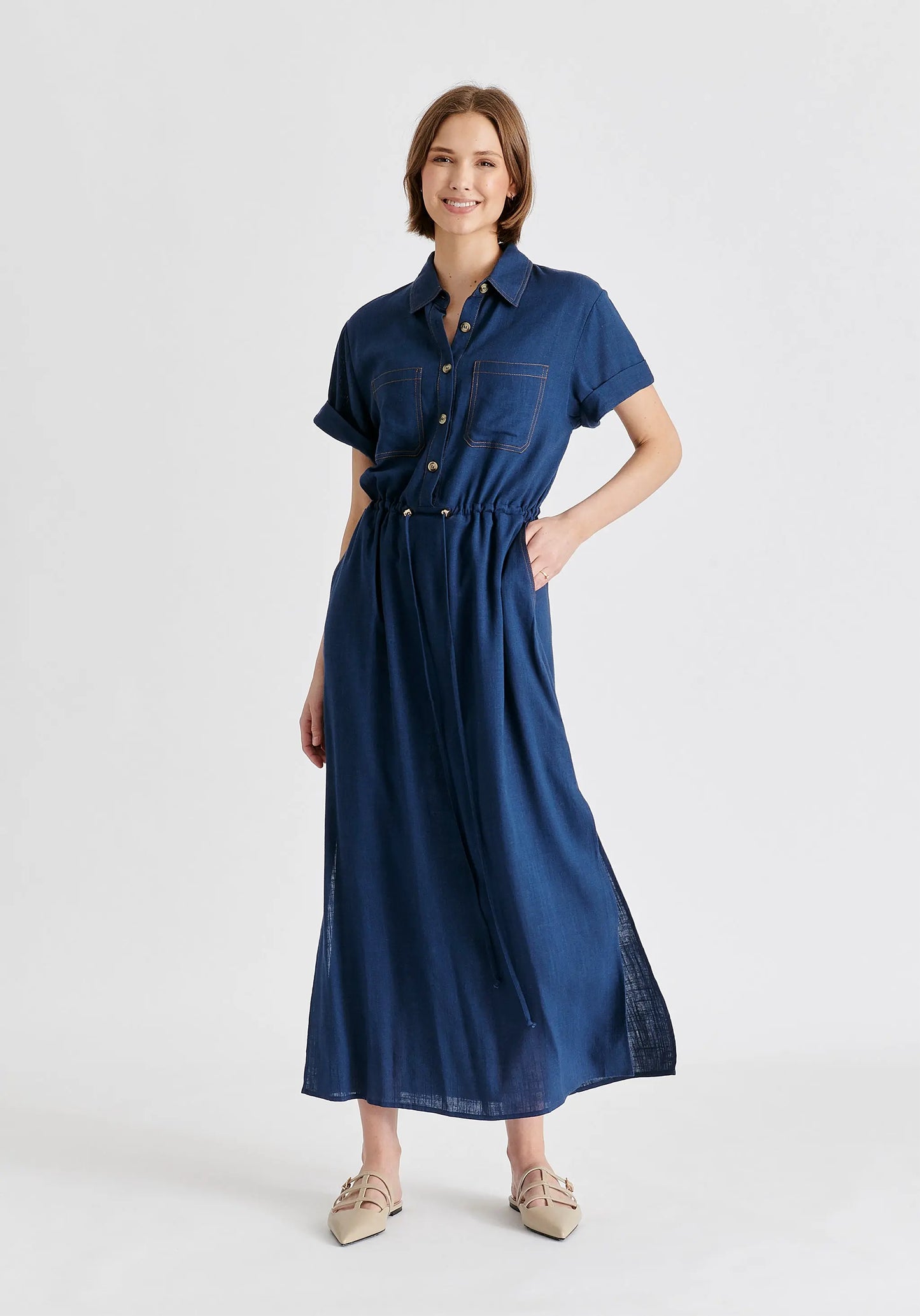 Linen Blend Shirt Dress With Stitch Details Paisie