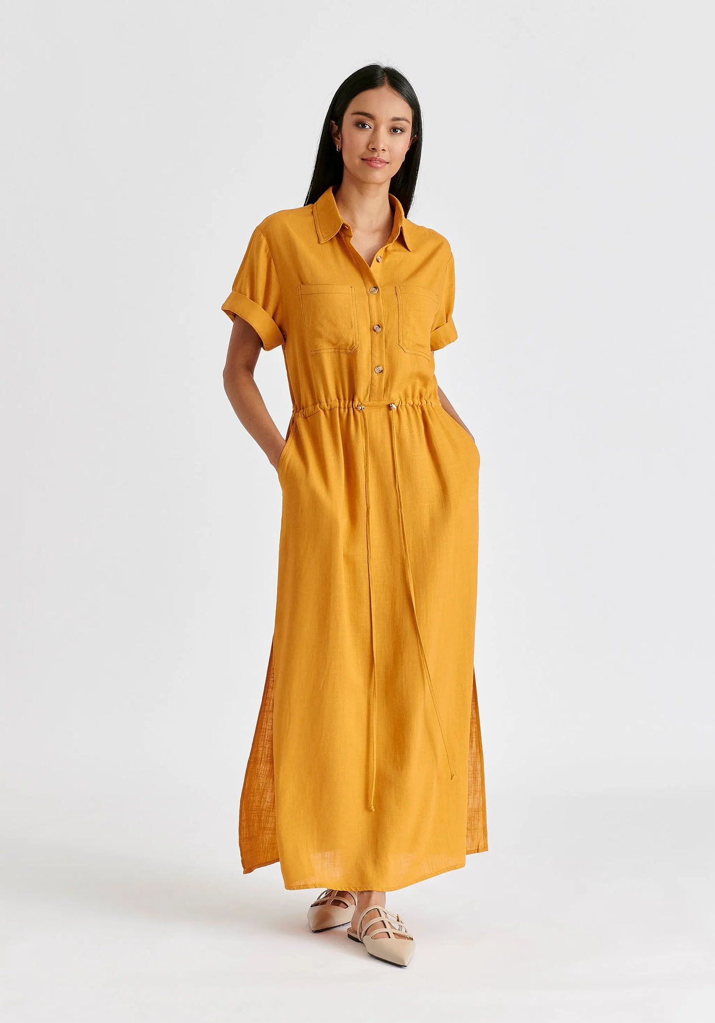 Linen Blend Shirt Dress With Stitch Details Paisie