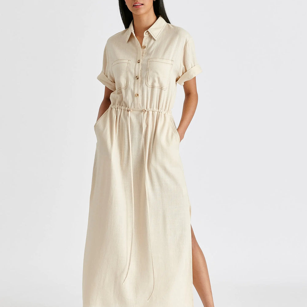 Linen Blend Shirt Dress With Stitch Details Paisie