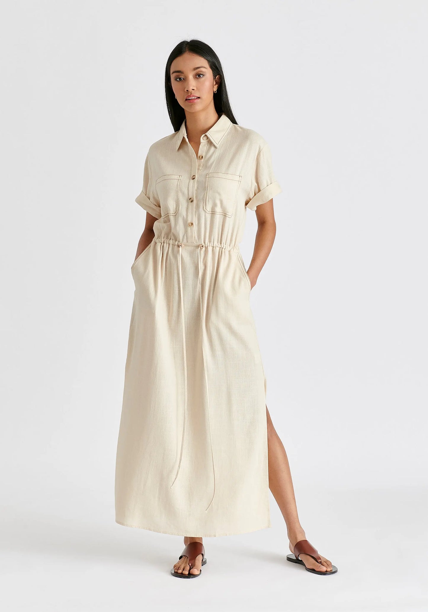 Linen Blend Shirt Dress With Stitch Details Paisie