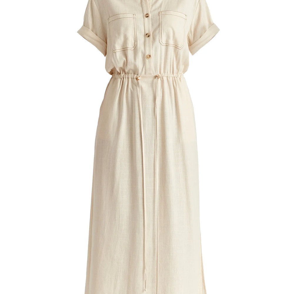 Linen Blend Shirt Dress With Stitch Details Paisie