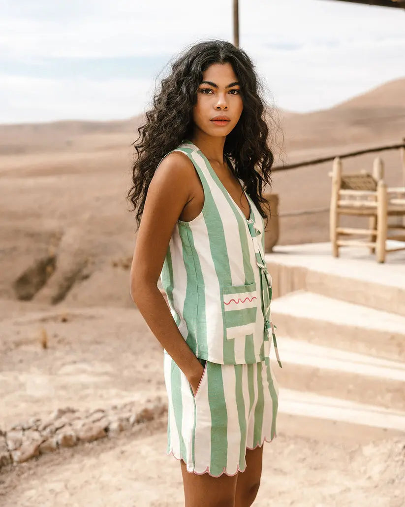 Linen-Blend Tie Front Stripe Cami Short Pyjama Set Chelsea Peers
