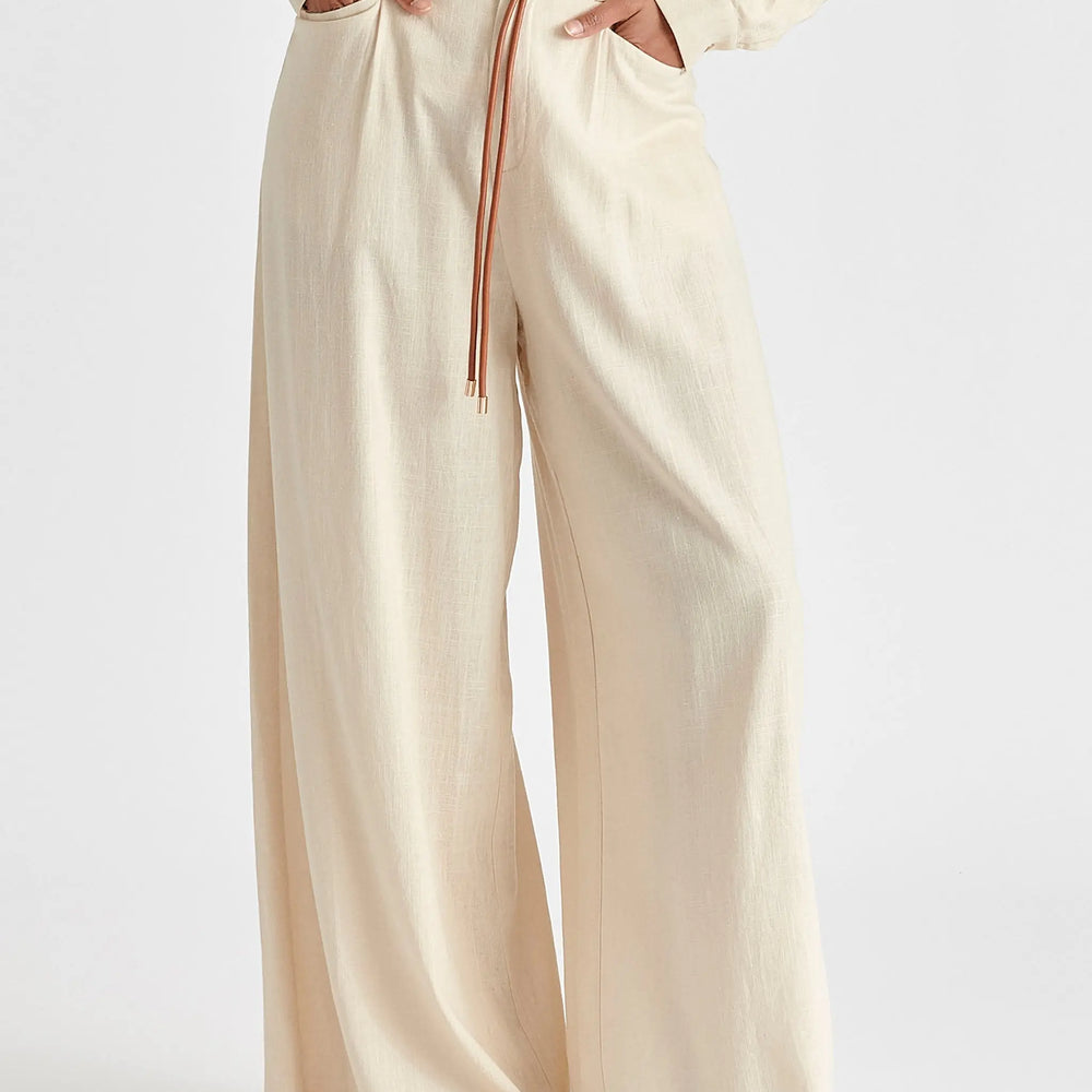 Linen Blend Wide Leg Trousers With Belt Paisie