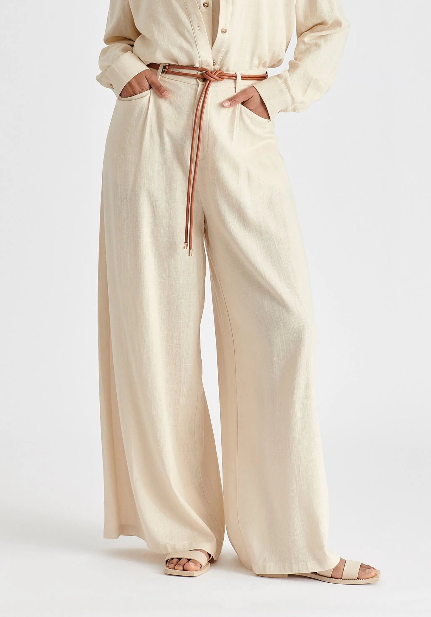 Linen Blend Wide Leg Trousers With Belt Paisie