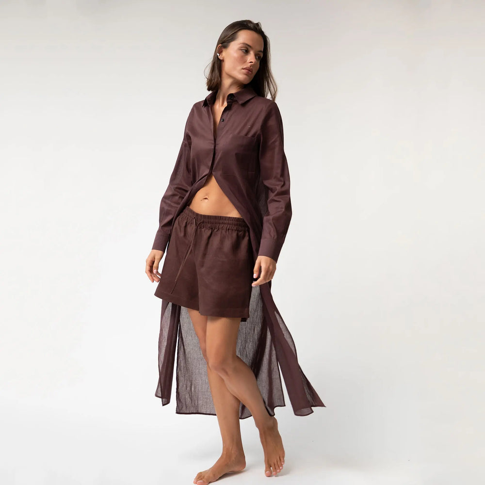 Linen Voile Button-Down Long Shirt Dress Restorative Brown NOKAYA