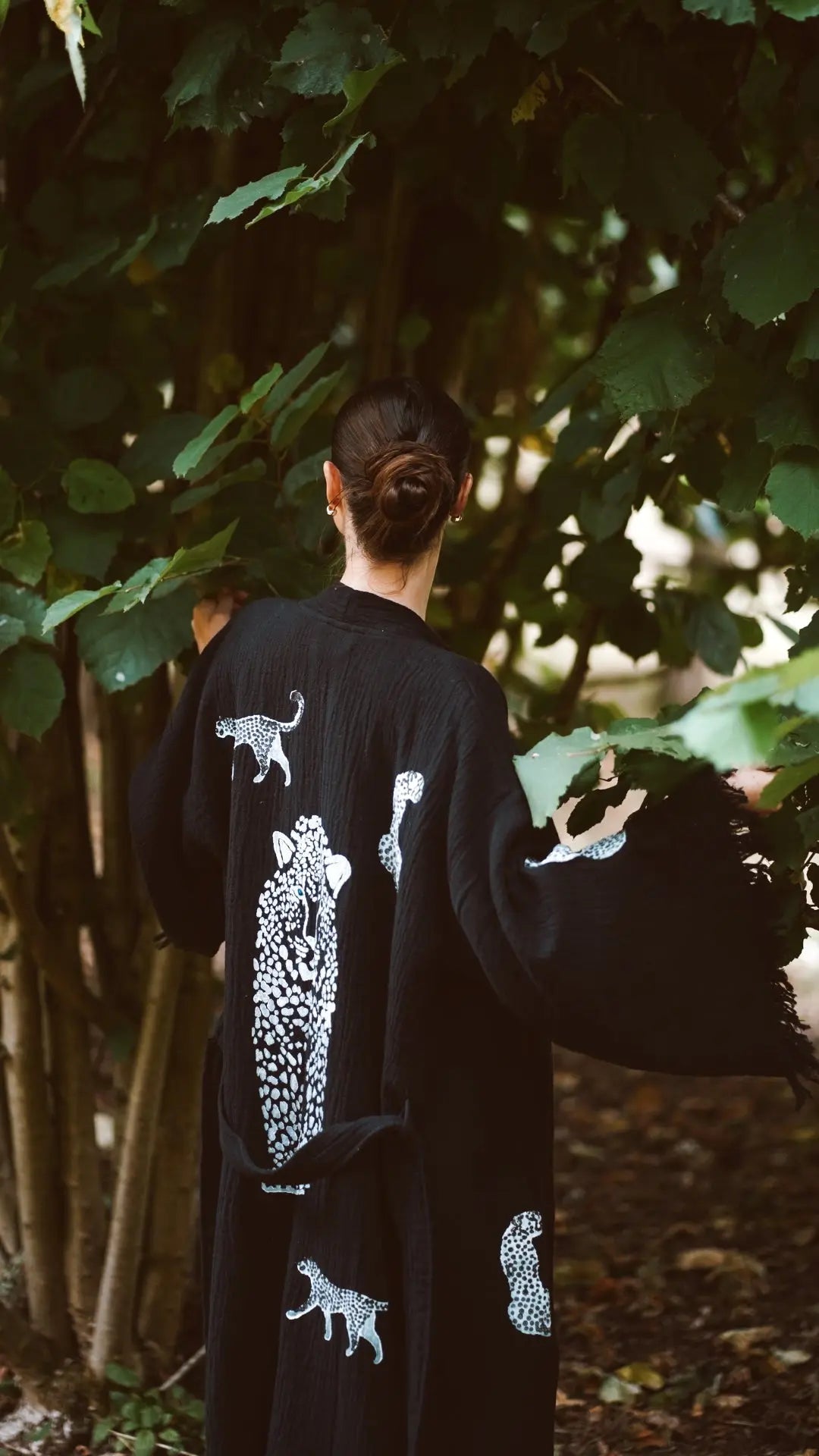 Long Cotton Robe: Black with Cheetah Loome Lifestyle