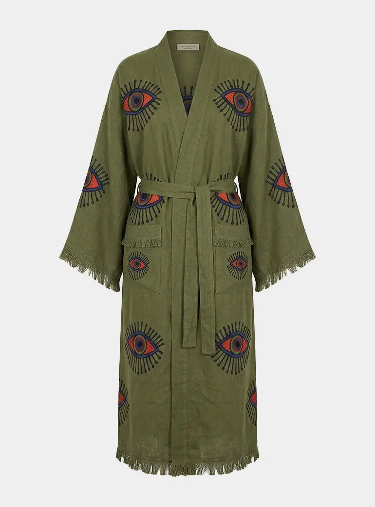 Long Cotton Robe: Khaki Green Eye Loome Lifestyle