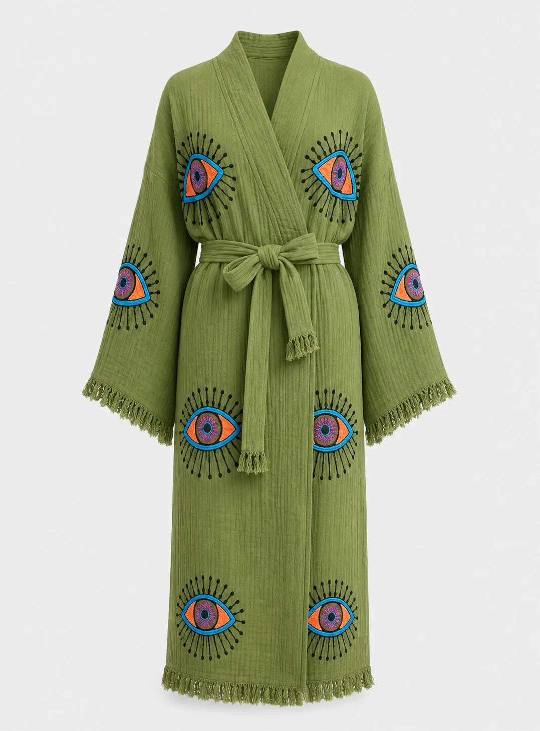 Long Cotton Robe: Khaki Green Eye Loome Lifestyle