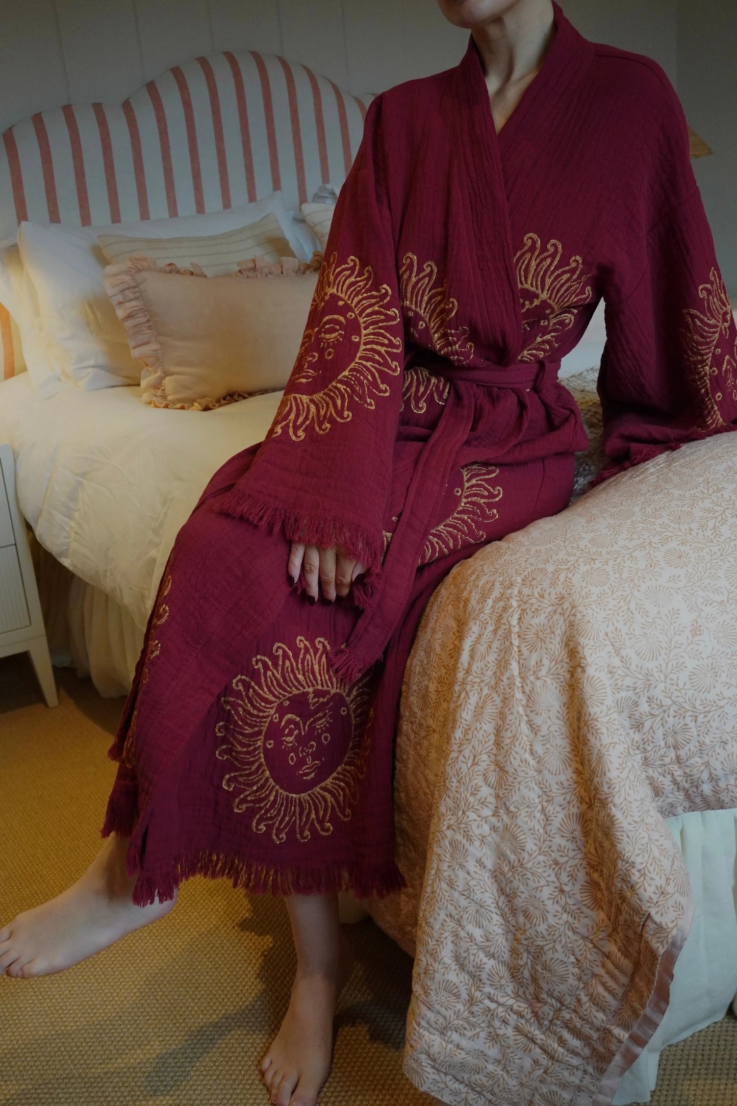 Long Cotton Robe: Merlot with Gold Sun Loome Lifestyle