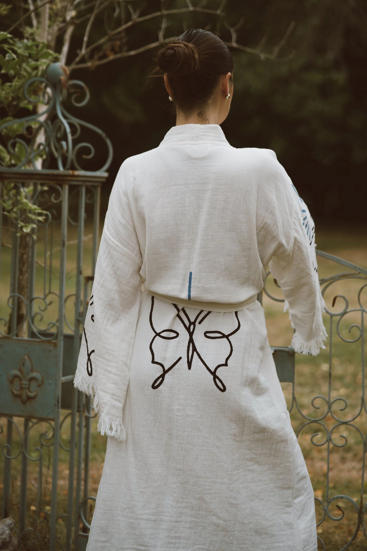 Long Cotton Robe: White with Butterfly Loome Lifestyle