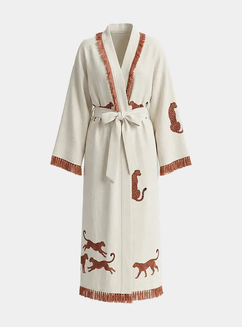 Long Cotton Robe: White with Cheetah Loome Lifestyle
