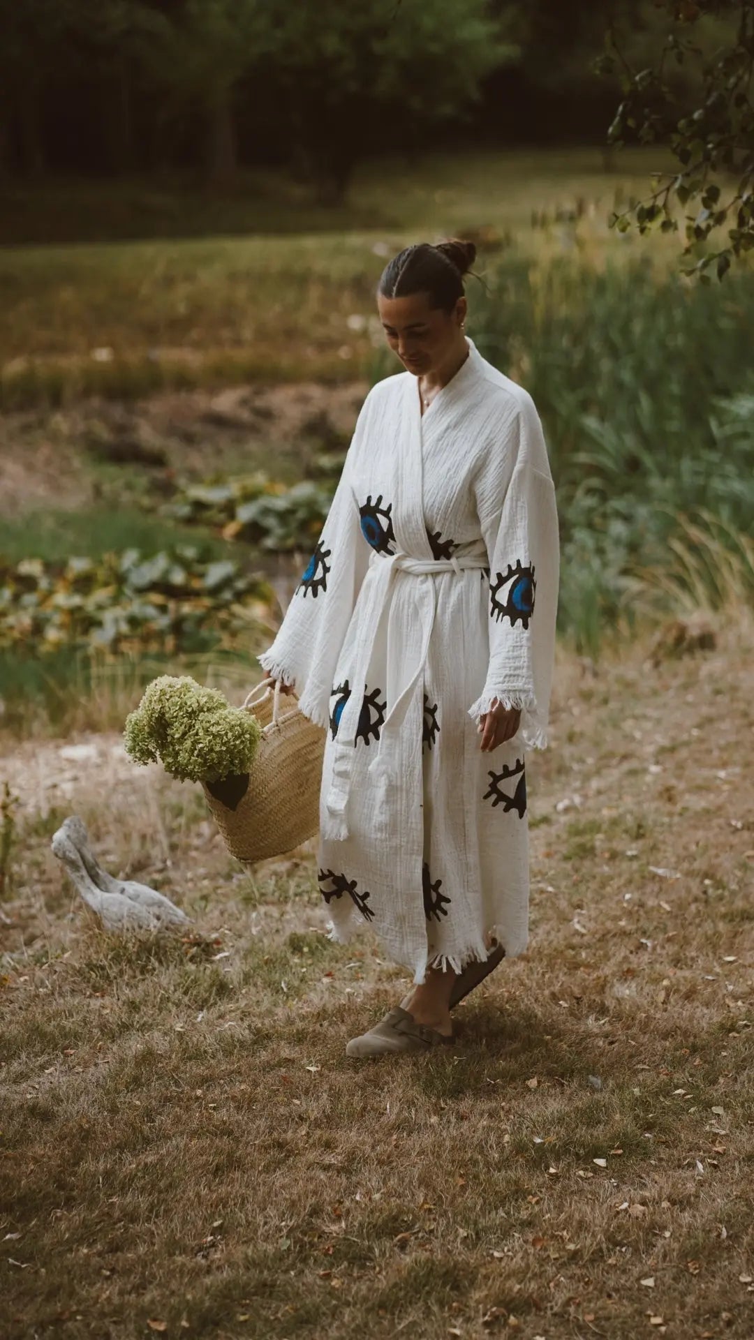 Long Cotton Robe: White with Dark Blue & Black Eye Loome Lifestyle