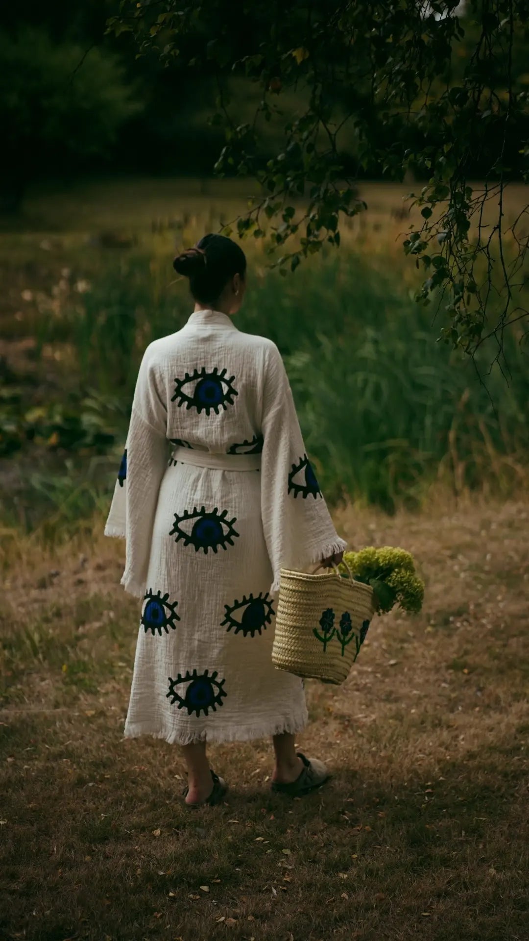 Long Cotton Robe: White with Dark Blue & Black Eye Loome Lifestyle