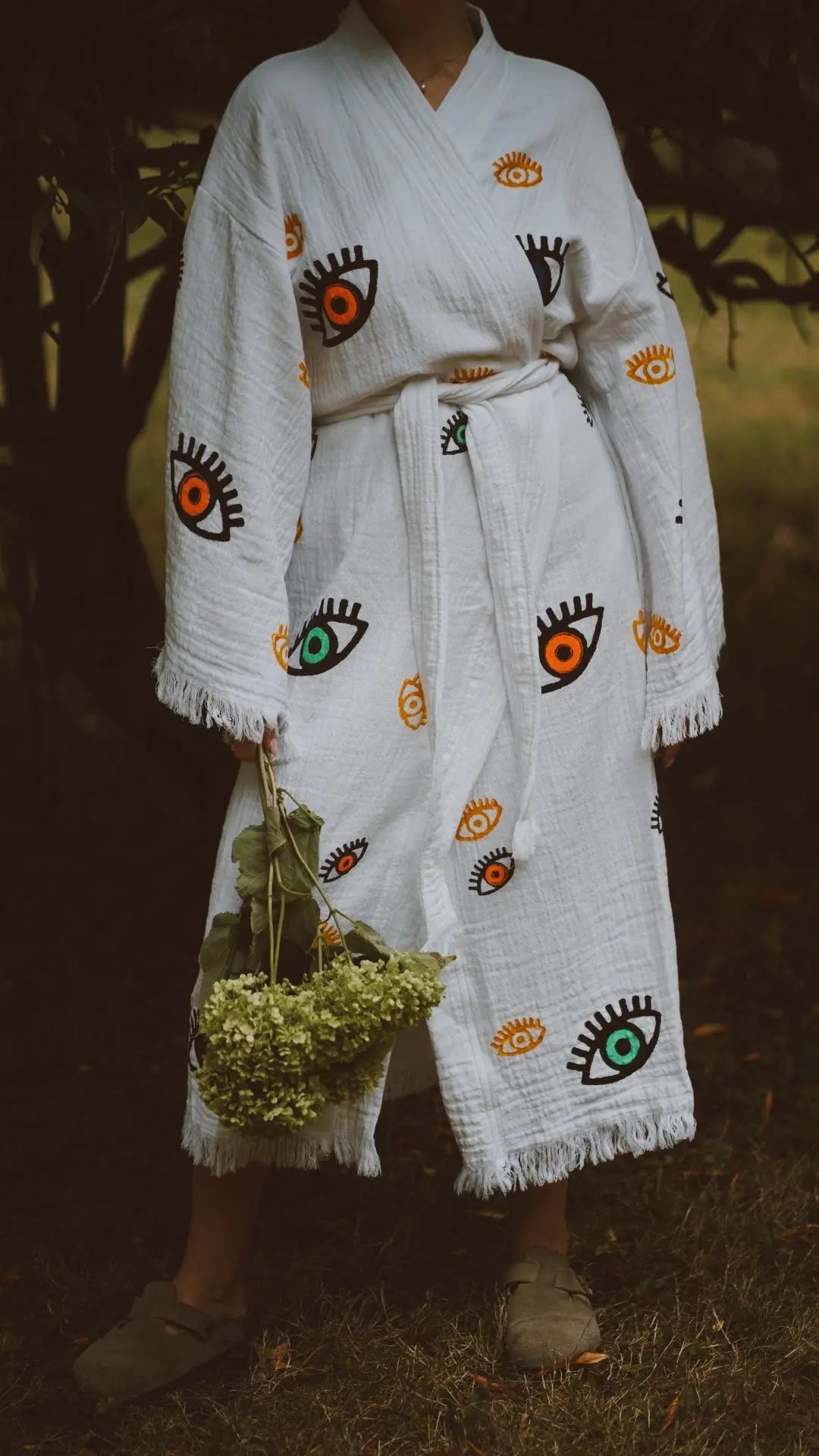 Long Cotton Robe: White with Multi Coloured Mini Eye Loome Lifestyle