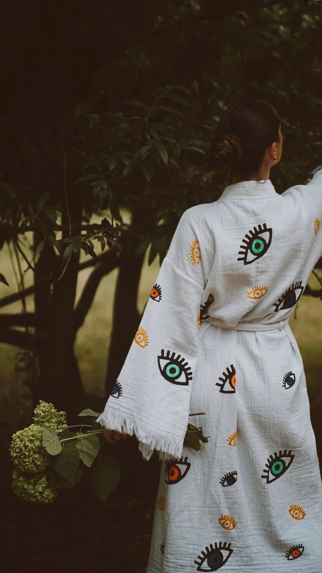 Long Cotton Robe: White with Multi Coloured Mini Eye Loome Lifestyle