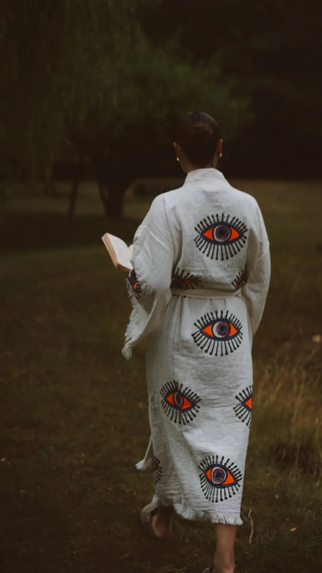 Long Cotton Robe: White with Orange Eye Loome Lifestyle