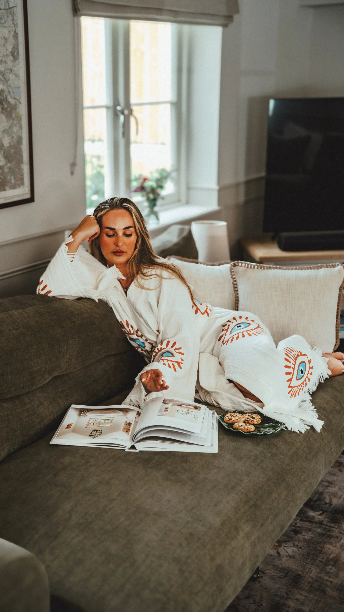 Long Cotton Robe: White with Orange & Blue Eye Loome Lifestyle