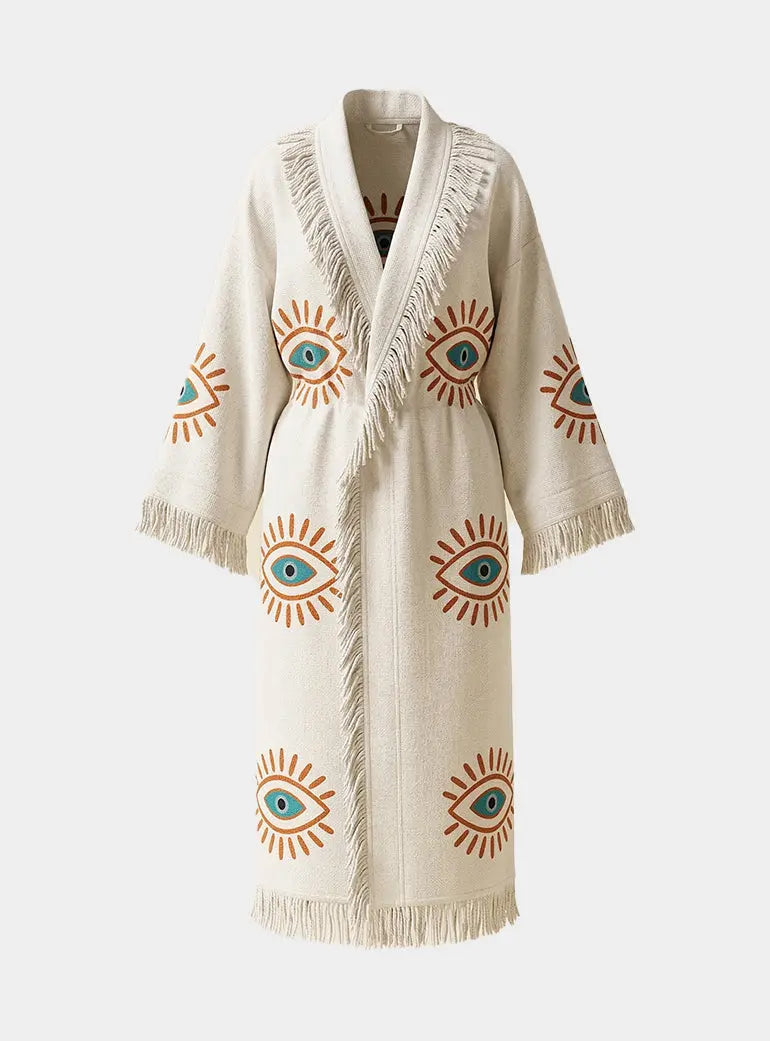 Long Cotton Robe: White with Orange & Blue Eye Loome Lifestyle