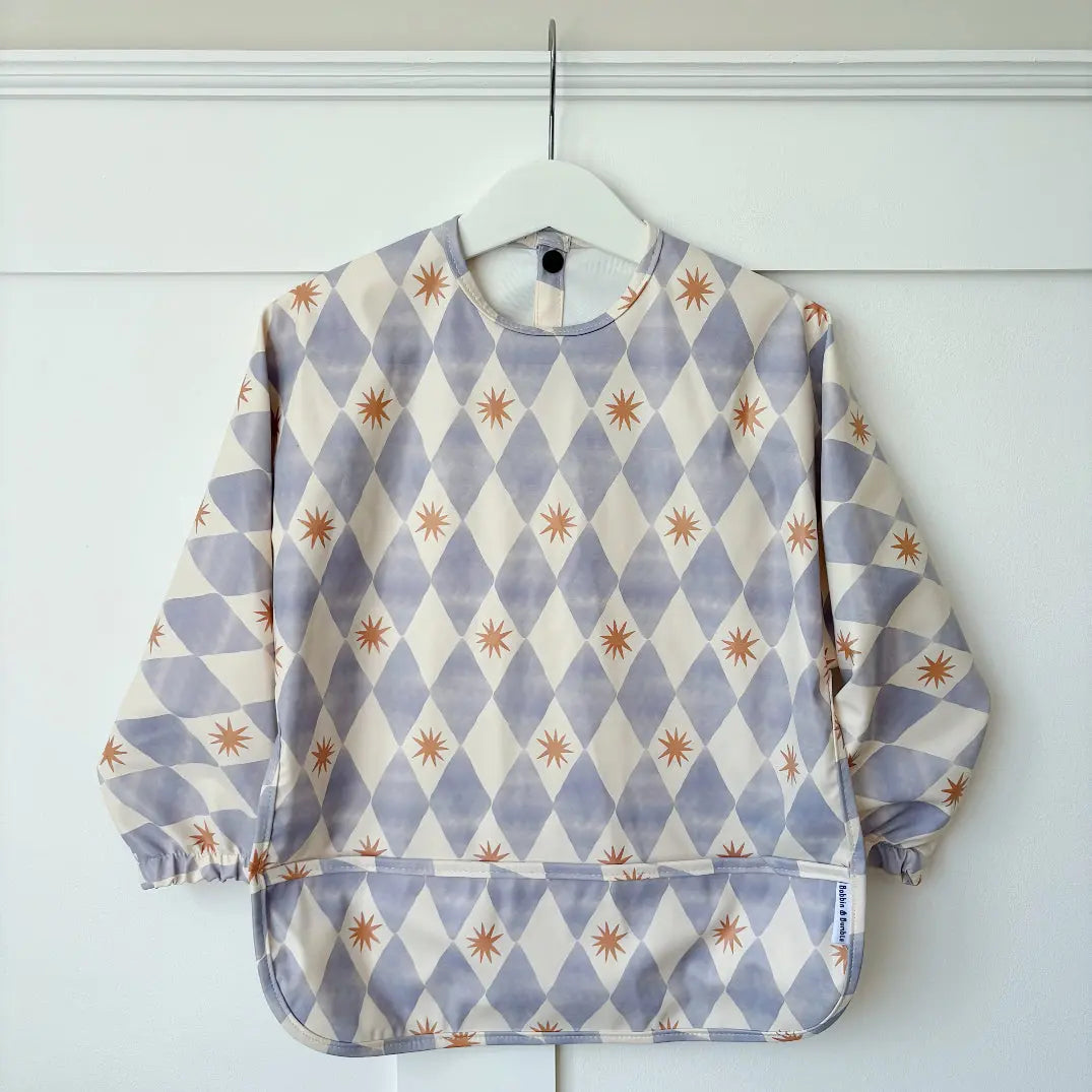 Long Sleeved Baby Bib - Blue Harlequin Bobbin and Bumble