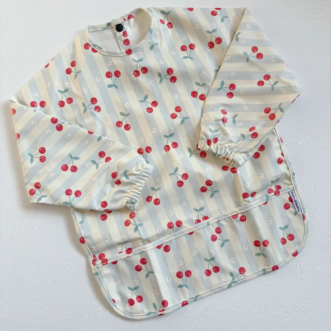 Long Sleeved Baby Bib - Cherry Stripe Bobbin and Bumble