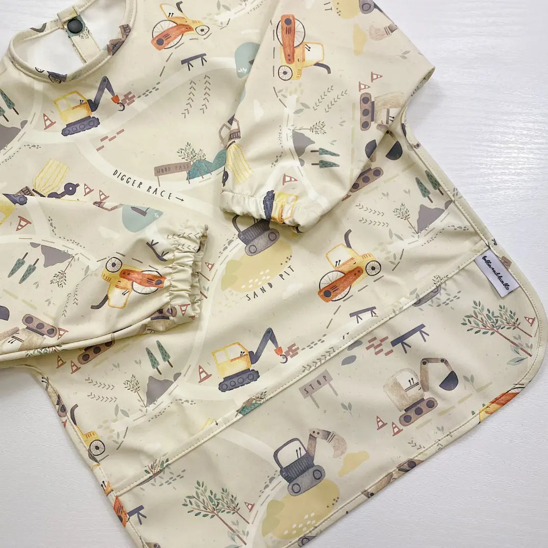 Long Sleeved Baby Bib - Digger Land Print Bobbin and Bumble