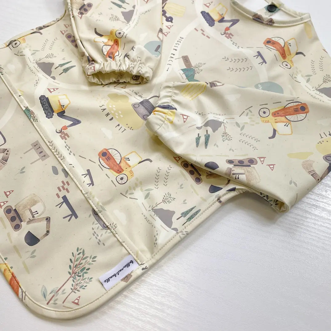 Long Sleeved Baby Bib - Digger Land Print Bobbin and Bumble