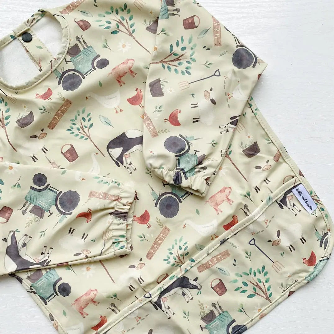 Long Sleeved Baby Bib - Farm Yard Print Bobbin and Bumble