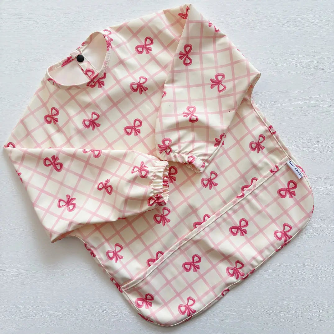 Long Sleeved Baby Bib - Pink Bow Bobbin and Bumble
