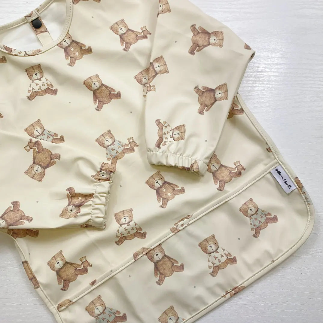 Long Sleeved Baby Bib - Teddy Bear Print Bobbin and Bumble