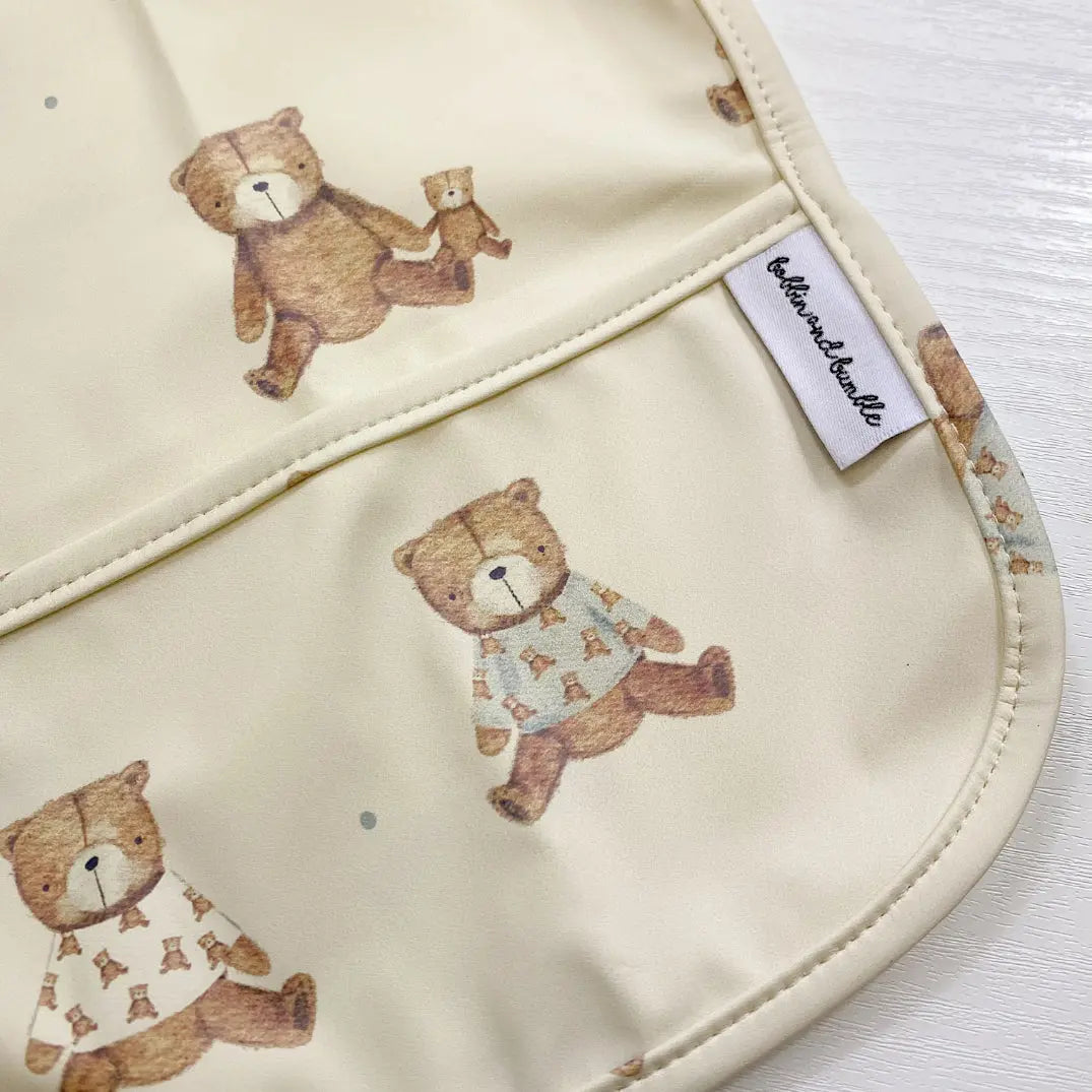 Long Sleeved Baby Bib - Teddy Bear Print Bobbin and Bumble