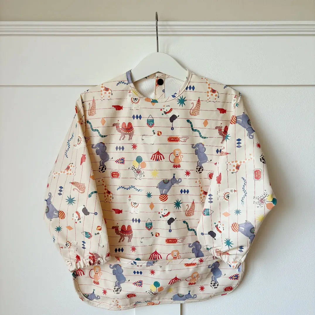 Long Sleeved Baby Bib - Vintage Circus Bobbin and Bumble