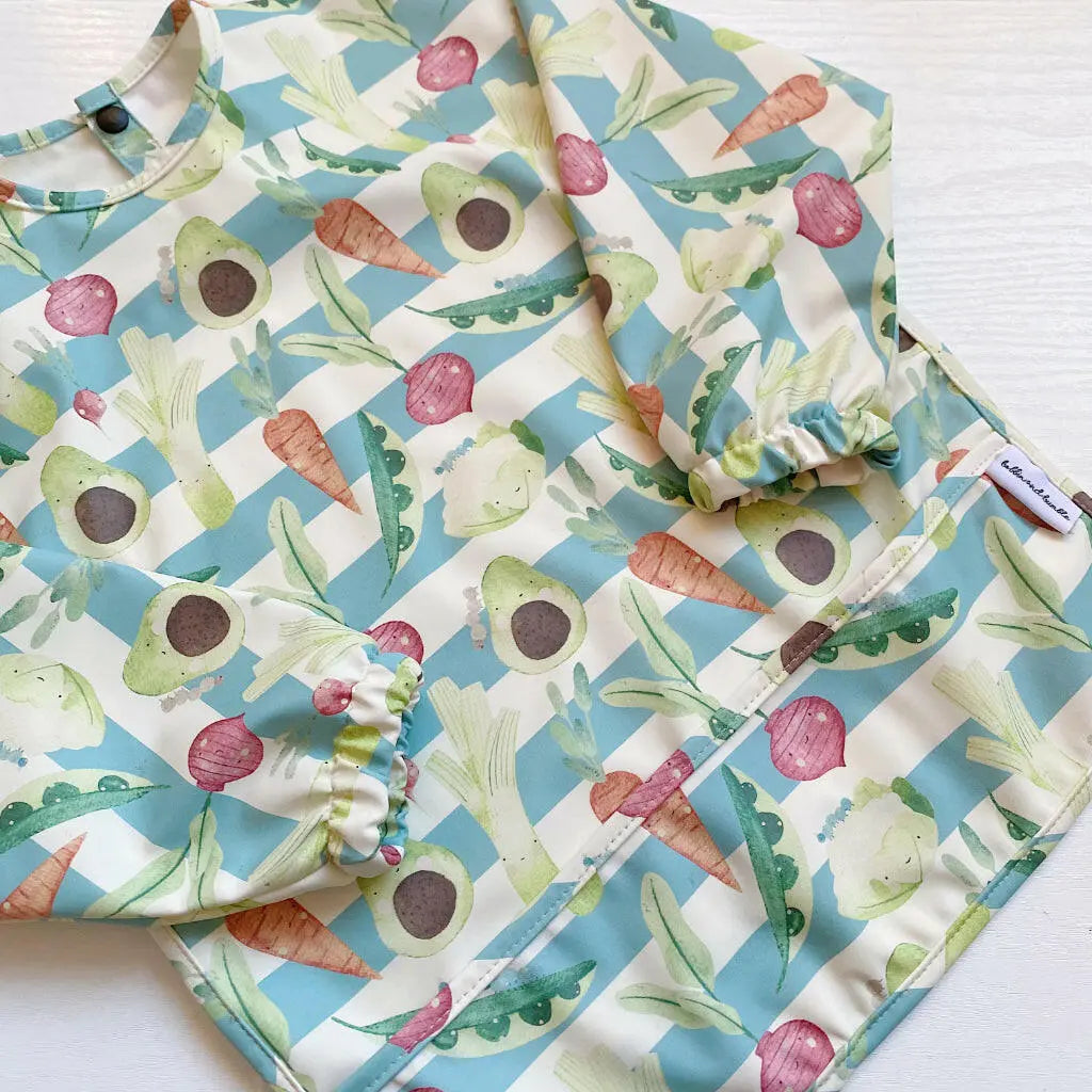 Long Sleeved Bib - Vegetable Garden Bobbin and Bumble